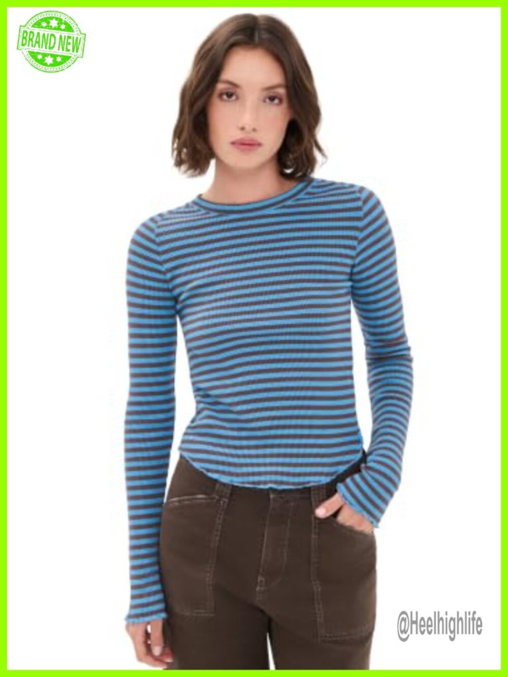 Waffle Knit Scoop Neck Long Sleeve Tee Relaxed Fit Striped Top